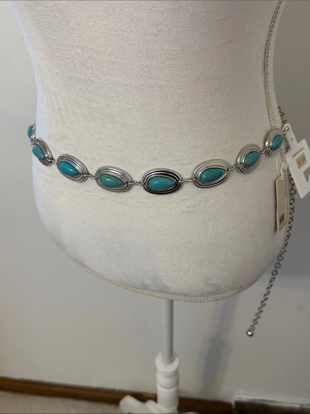NWT, MW/Most Wanted Turquoise Stone Chain Waist Belt - Silver
